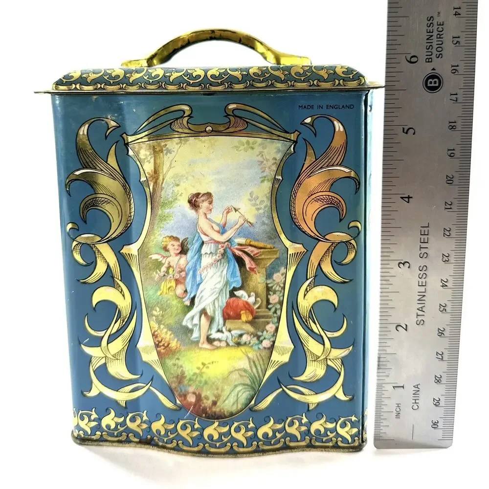 Vintage Ciftea Tea Tin Made in England Blue Gold Victorian Scenes Canister w/Lid